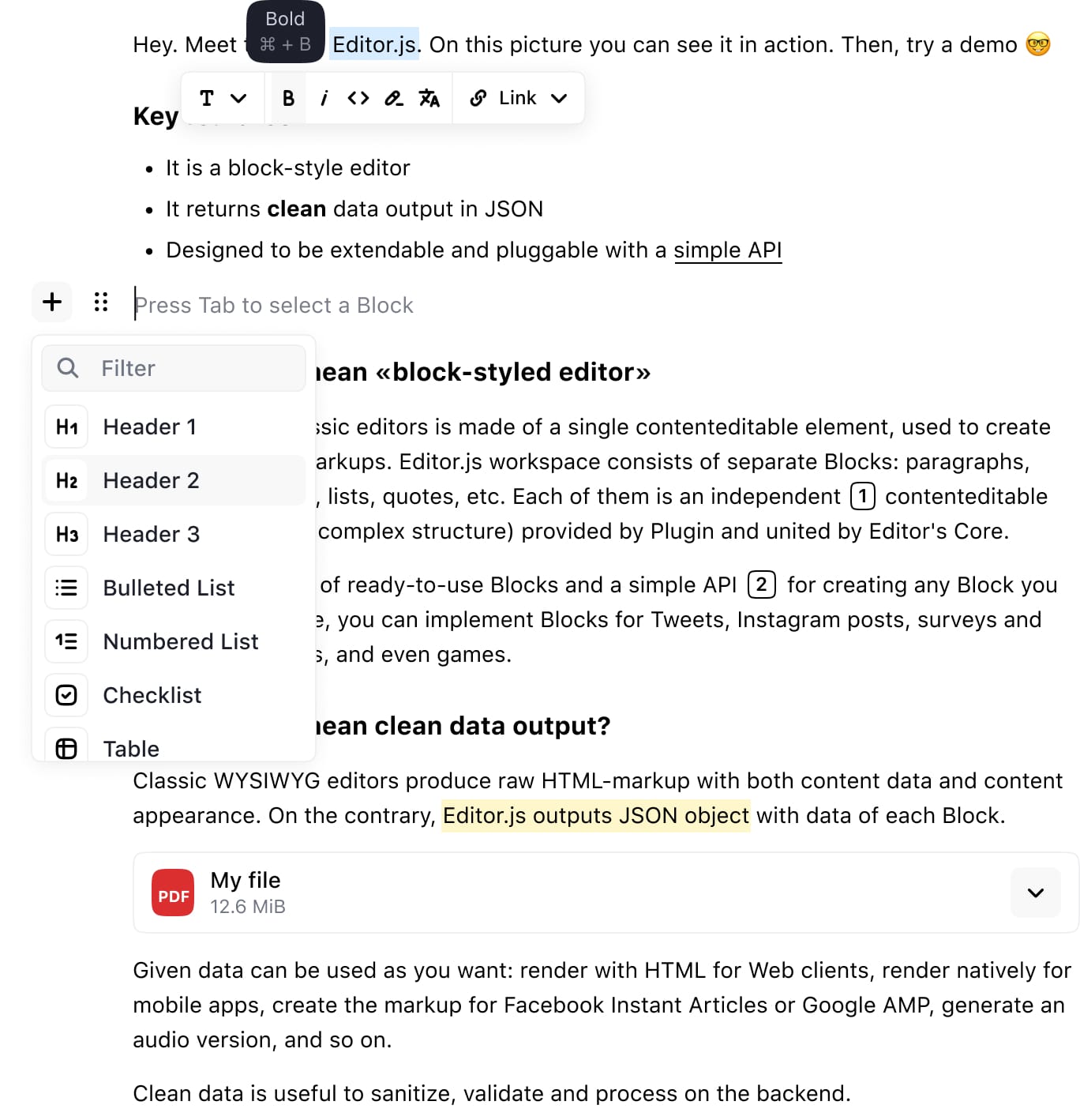 Editor.js interface